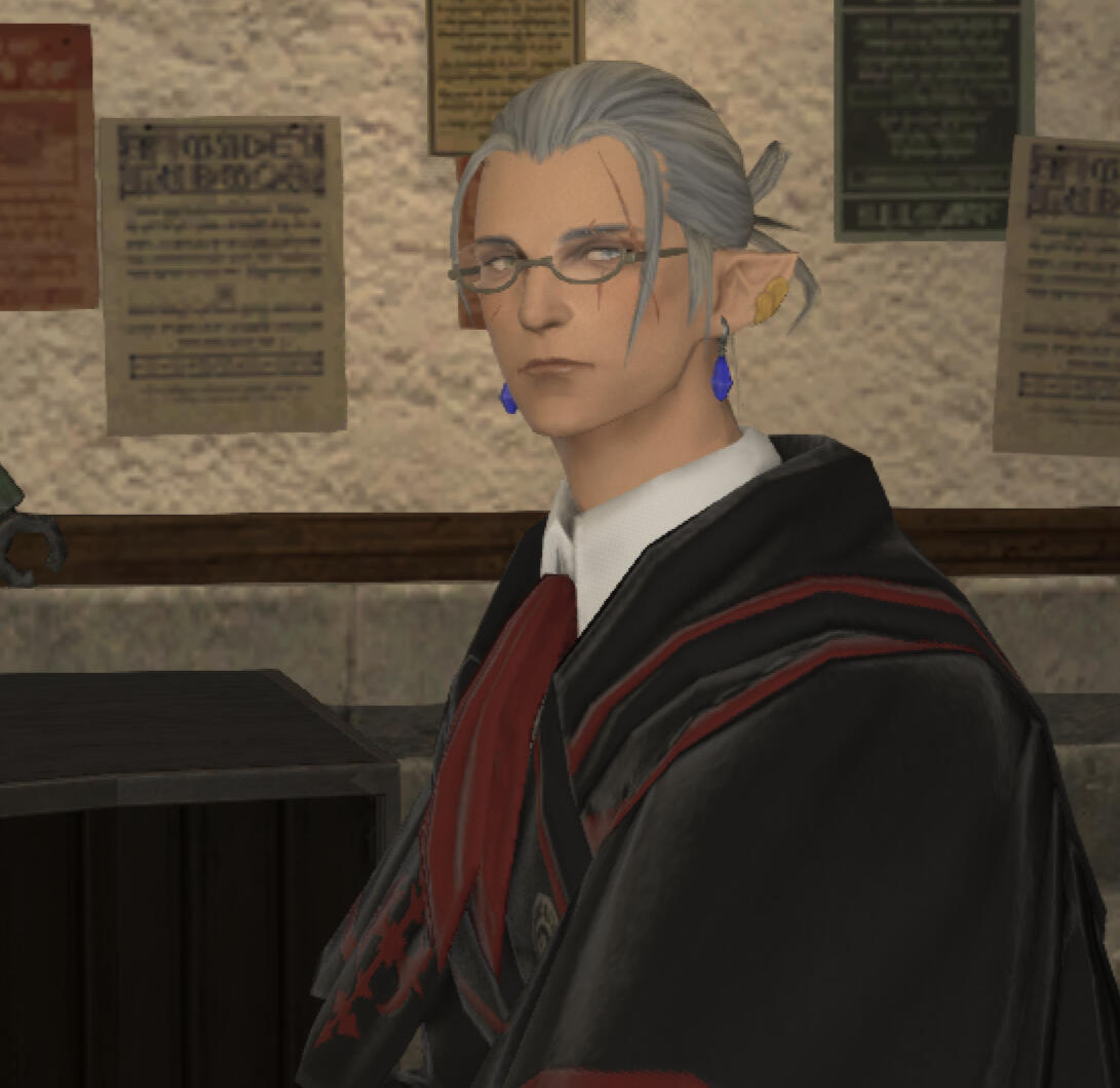 A portrait of a gray-haired elezen man in academic robes. His face is scarred, and his left eye is clearly blinded.
