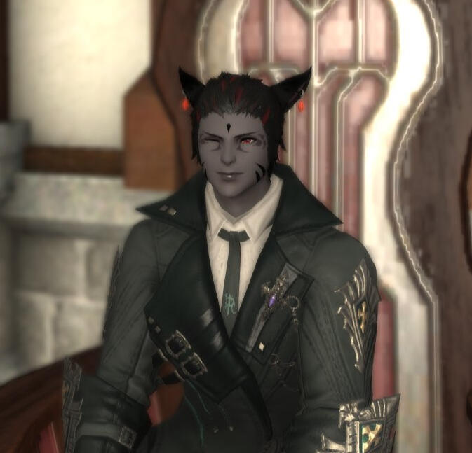 A dark-skinned Keeper of the Moon with crimson eyes, clad in academic garb.